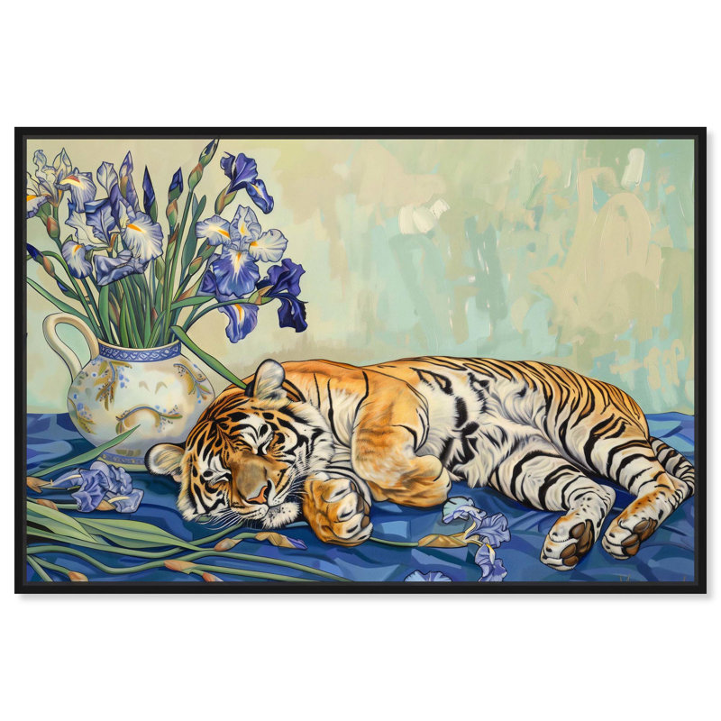 Art, art moderne, toile, tigre, vase endormi, H 11 po x l 16 po, Cadre flottant noir