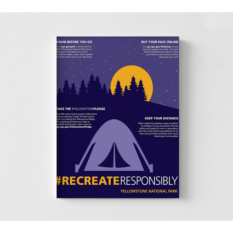 Affiche de camping «Recrée responsable», affiche de nature mauve, art mural de camping, décor de chalet en bois rustique, grande aventure violette