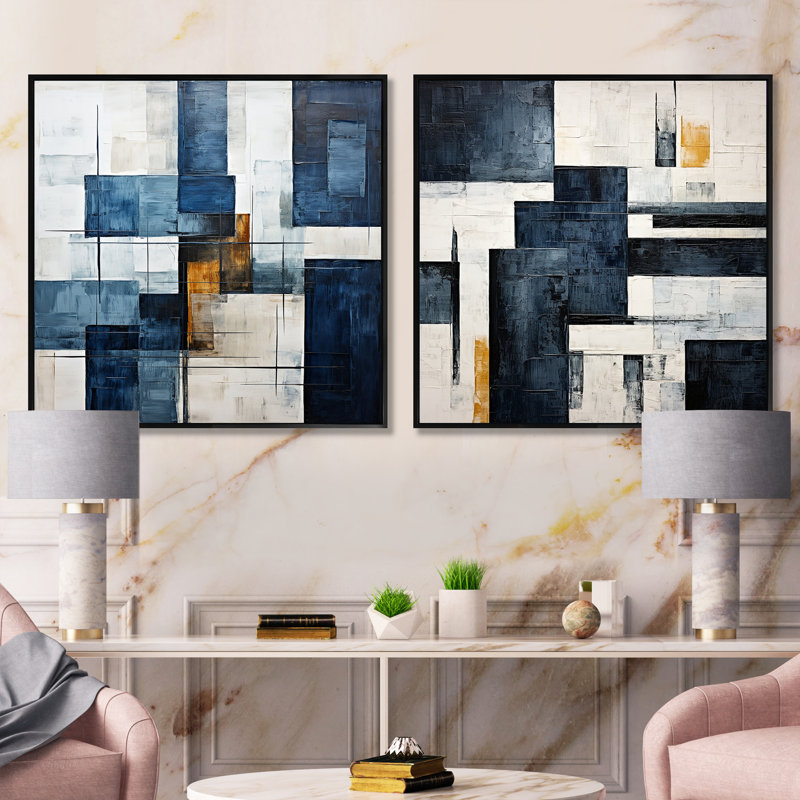 Nozanin - Ensemble de 2 collages de formes carrées abstraites, Cadre flottant noir, H 16 po x l 33 po