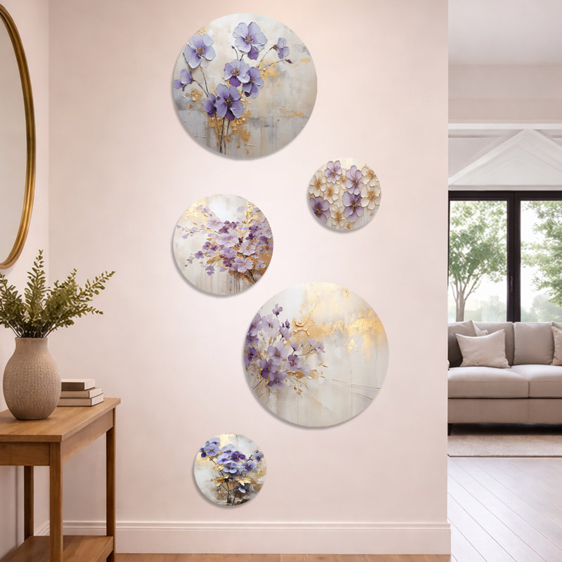Ensemble d'art mural en métal mauve et violet «Meadow I» - violettes et or 5 pièces