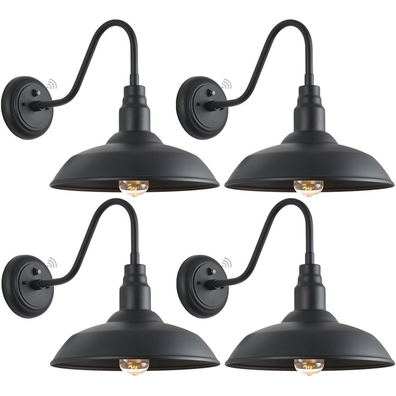 14" Large Dusk To Dawn Gooseneck Light For Porch, Matte Black Outdoor Barn Light With Wall Mount, Industrial Exterior Farmhouse Wall Sconce With Photocell Sensor