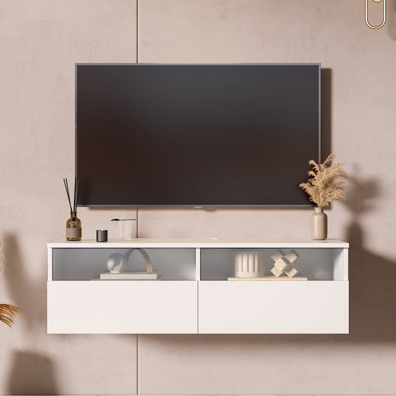 Floating TV Stand with 2 Storage Drawers, Wall-Mount up to 85", White, 30cm H x 100cm L x 33cm W