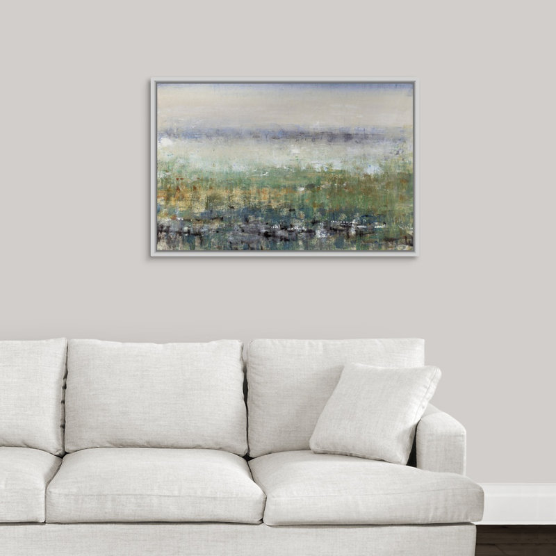 «Mist in the Field», peinture sur toile, H 25,7 po x l 37,7 po x p 1,75 po, Cadre flottant blanc