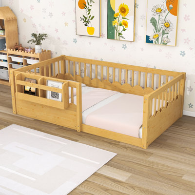 Wood Floor Bed with Built-in Bookshelf and High Guardrails