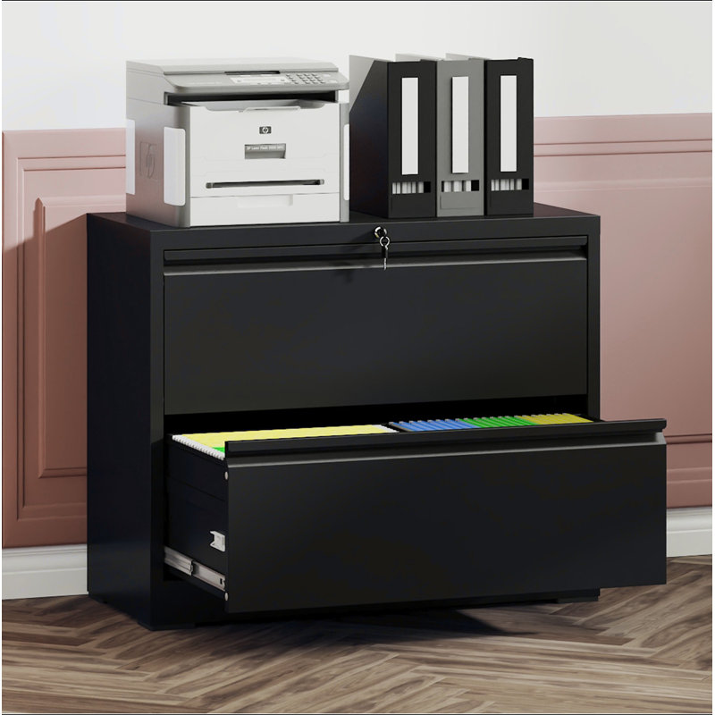 Classeur latéral à 2 tiroirs avec serrure - Classeur en métal robuste pour le bureau à domicile, rangement large peu encombrant pour format lettre / légal / A4 / F4, glissières silencieuses à pleine extension, assemblage facile