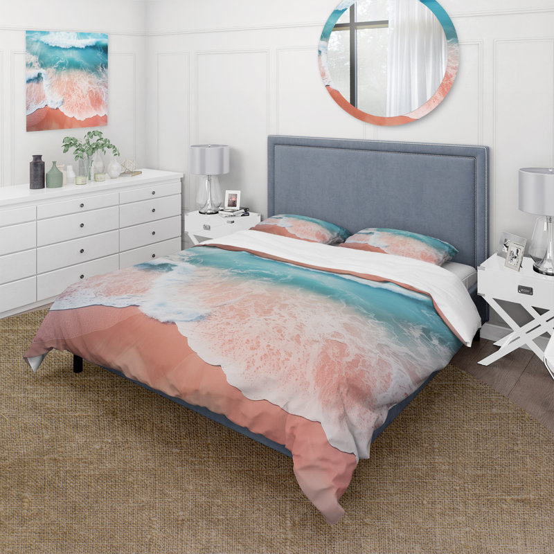 Ensemble de housse de couette bleu et rose Beach II - Coastal Beach, Housse de couette pour très grand lit et 2 très 