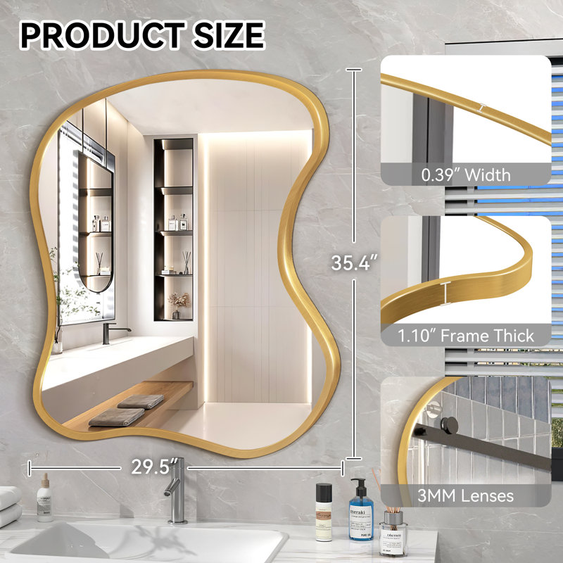 Miroir mural asymétrique avec cadre en alliage d'aluminium - Miroir de meuble-lavabo décoratif moderne, 30 po x 36 po, Doré