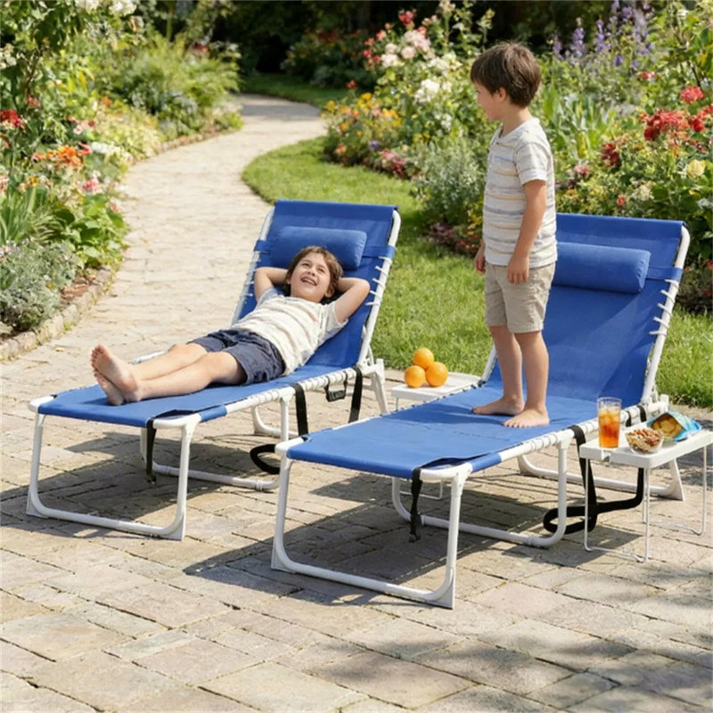 Beach Chair With Face & Arm Holes, Folding Side Table & 5-Position Adjustable Backrest, Blue