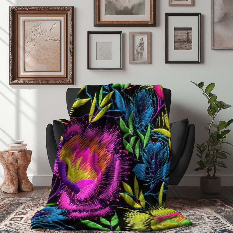Couverture Glow Stitch Blossoms - 1 pièce Sherpa Blan Premium, Lit simple