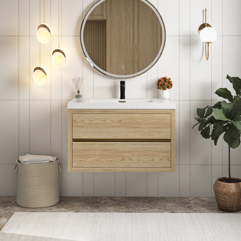 36" Wall-Mounted Bathroom Vanity With Sink, Oak Natural Wood