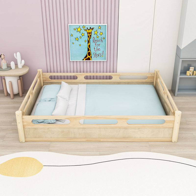 Floor Platform Bed with Guardrails, Natural, Full