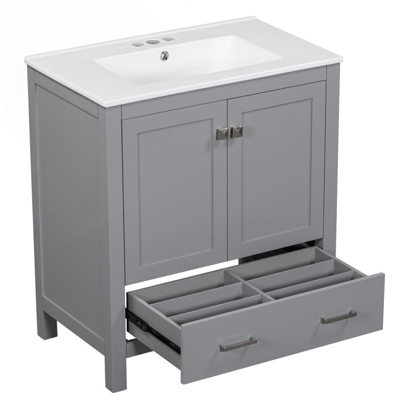 Meuble-lavabo de 30 pouces avec lavabo simple, armoire combinée, lavabo encastré et rangement multifonctionnel, fermeture en douceur, structure en bois massif