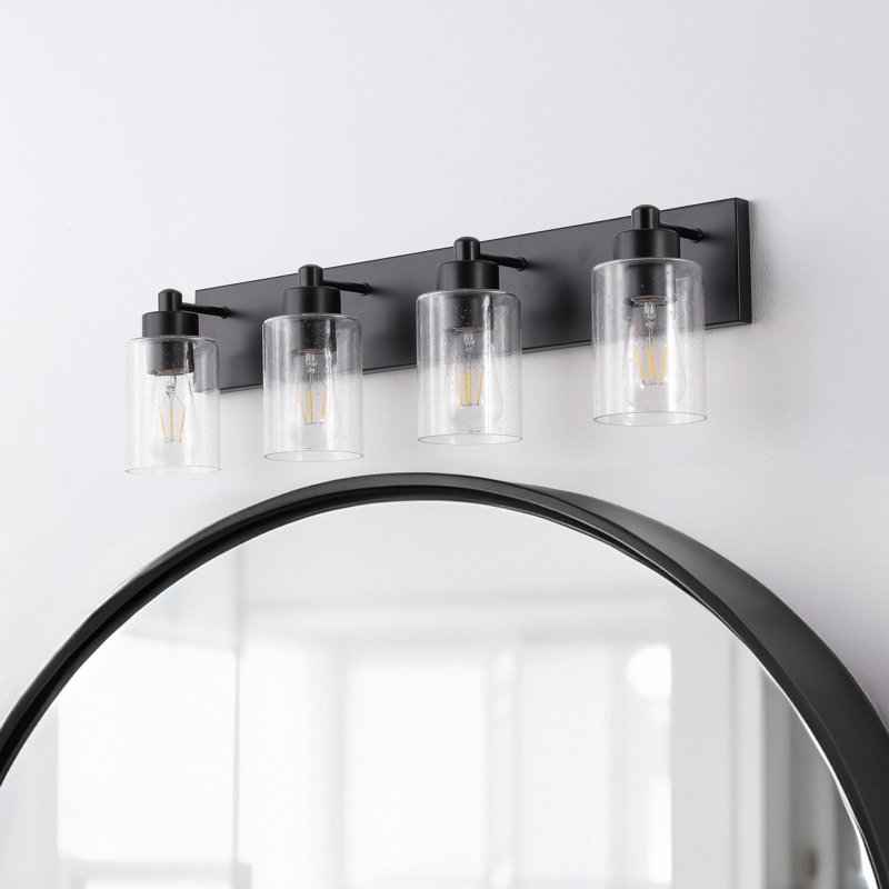 Stover Seeded Glass/Iron Modern Contemporary LED Vanity Light, 4 Lights, Matte Black