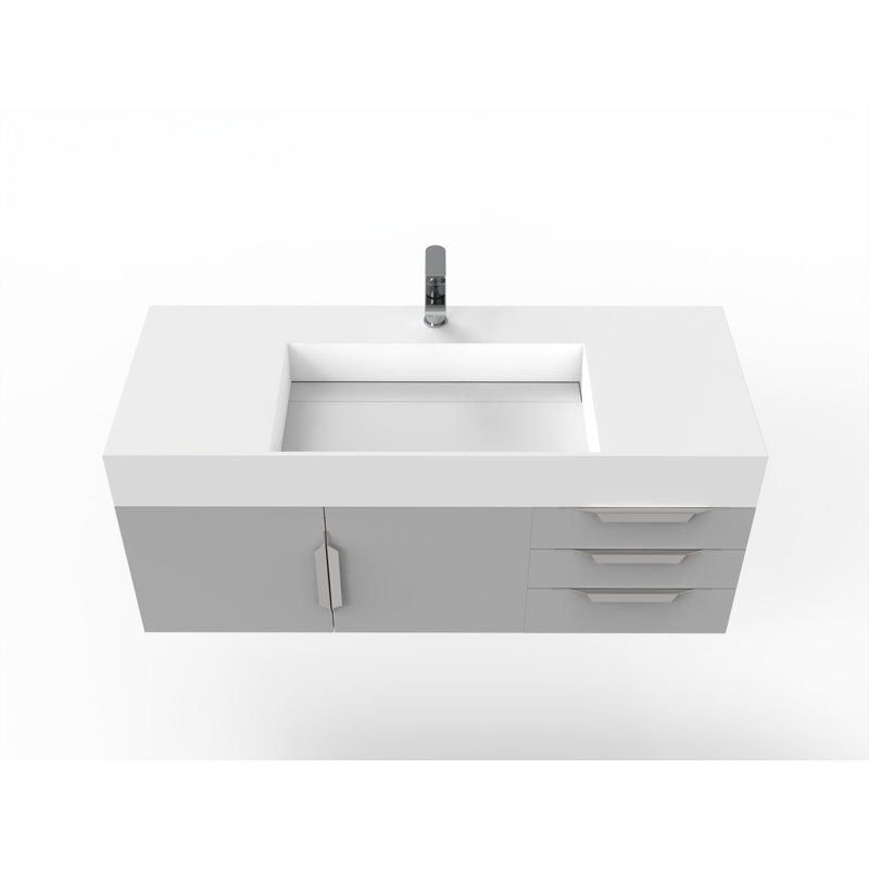 Meuble-lavabo mural simple 48 po avec comptoir à surface solide 48 po, Blanc, Gris, Nickel brossé