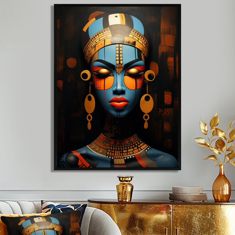 «African Blue Queen Traditional Jewellery» - art mural masque africain, Cadre flottant noir, H 40 po x l 30 po x P 1,5 po