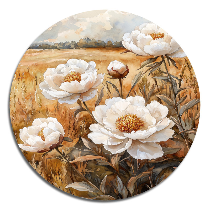 Pivoines le long du champ de campagne II - pivoines rondes, décoration murale en métal, H 36 po x l 36 po