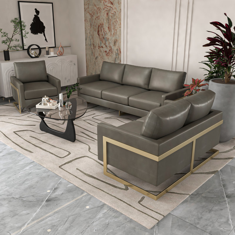 Lincoln Modern Leather Accent Chair with Gold Stainless Steel Base – Contemporary Boxy Armchair, Single Seater Side Chair for Living Room, Bedroom, Office & Lounge