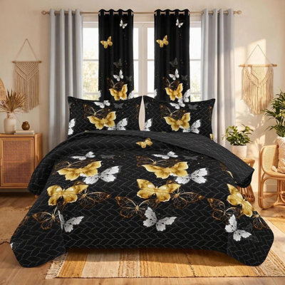 Ensemble de literie et rideaux pour grand lit 9 pièces papillon noir et doré (grand) - Couvre-lit matelassé en microfibre + voilages