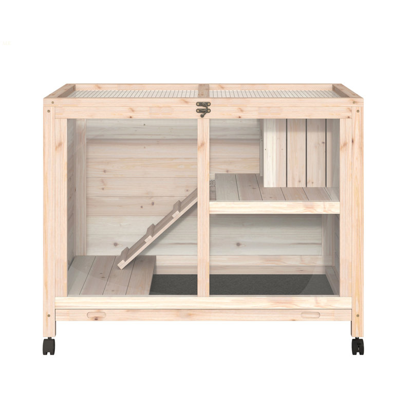 Cage à lapins d'intérieur Pawhut avec roulettes, bureau et table d'appoint, cage à lapin, Bois naturel
