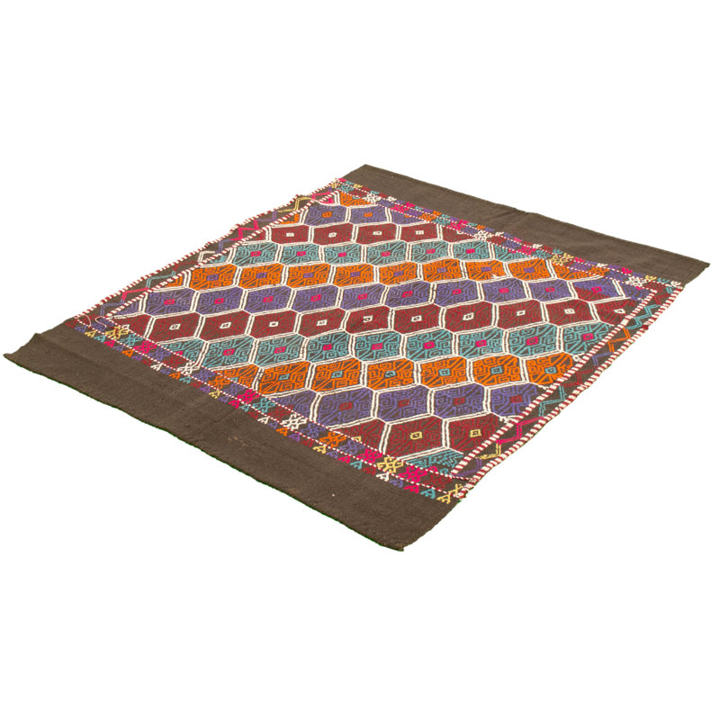 Tapis décoratif en laine de conception unique noué à la main New Age 4 pi 9 po x 6 pi en noir/orange/bleu/brun