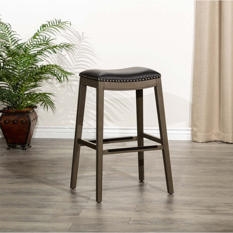 Tabouret de bar, siège en cuir, Gris patiné, Noir
