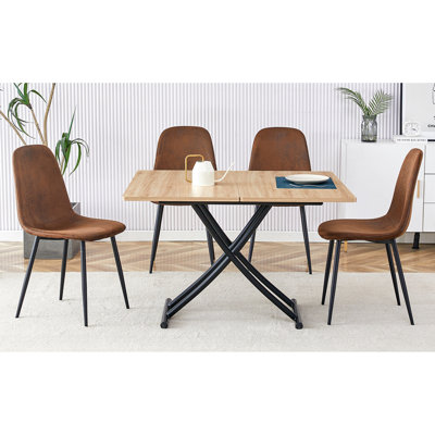 -piece modern set - lifting platform table with wood grain mdf top, black metal base & 4 brown fabric chairs