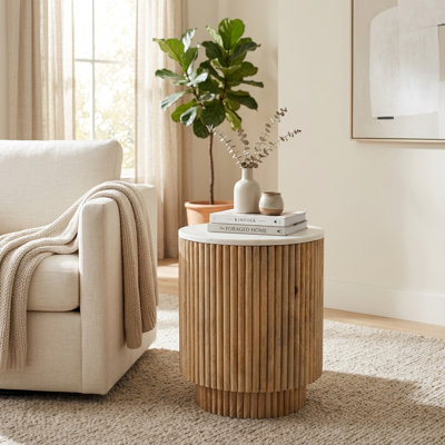 Odera Ribbed Pedestal End Table with Marble Top Accent – Small Round Side Table for Living Room & Home Decor - 20, Natural