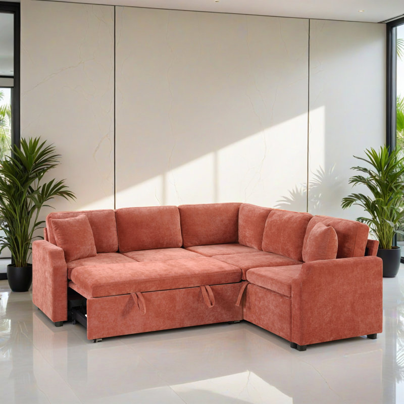 Canapé-lit modulaire en forme de L 81,91 po avec lit escamotable pour le salon, Chenille orange