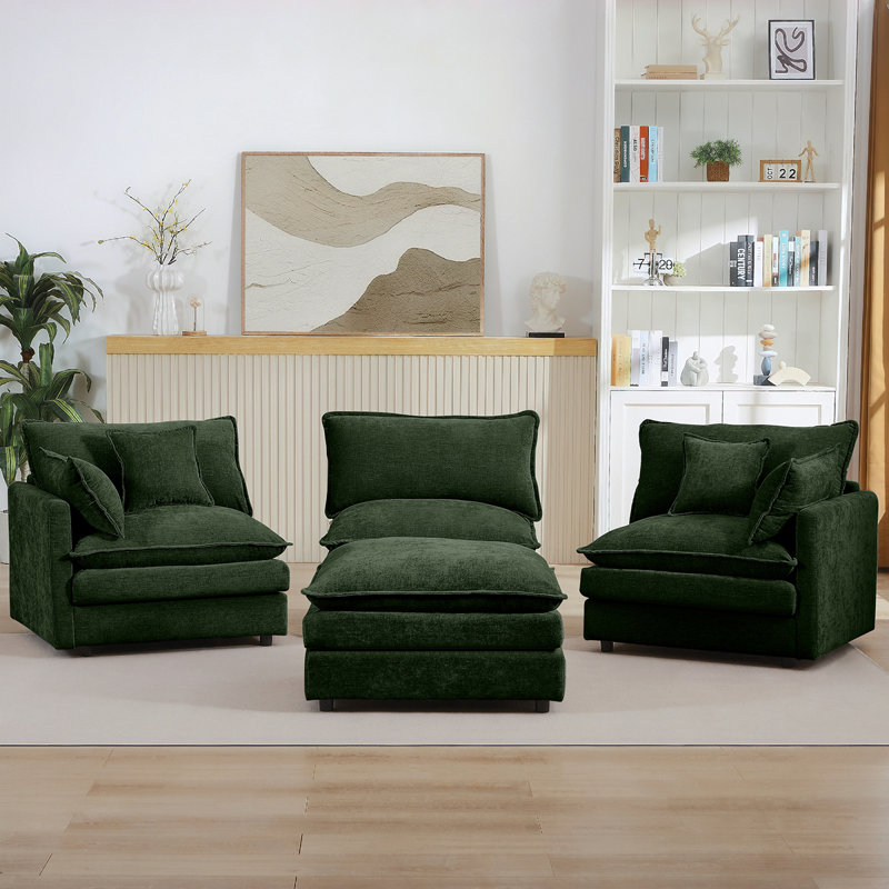 Canapé modulaire modulaire, ensemble de canapé en forme de L de 102 pouces pour le salon, canapé à 3 places confortable avec repose-pieds mobile, combinaison de bricolage, chenille, vert