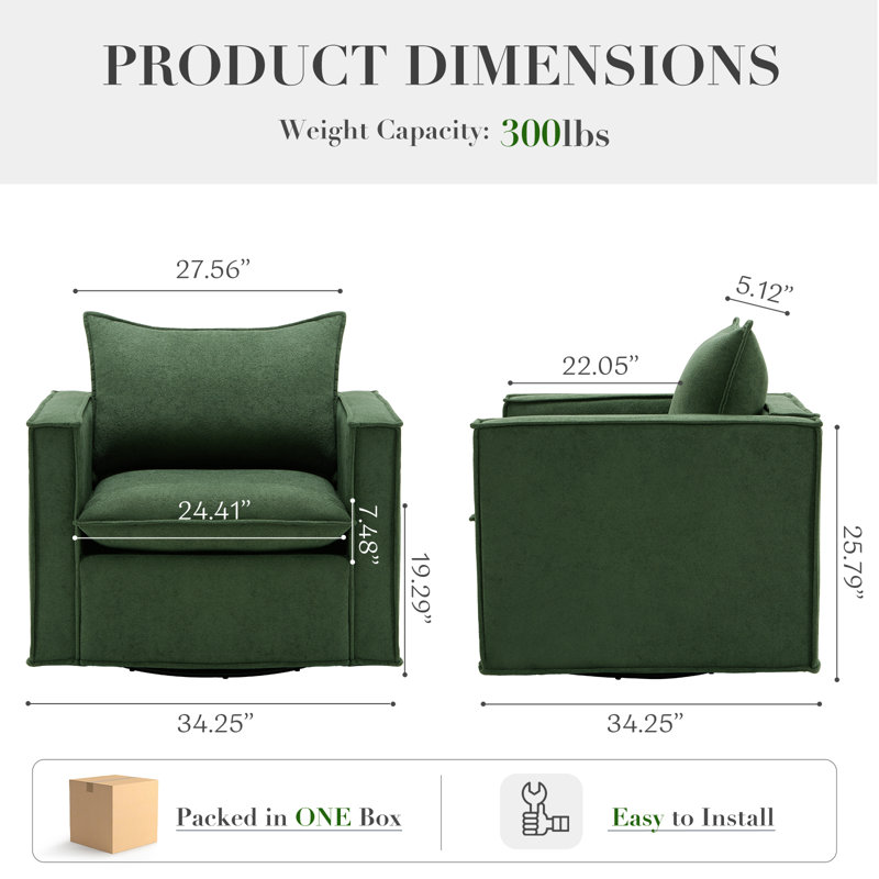 Louretha 34" Wide Fabric Upholstered Swivel Armchair, Green Fabric