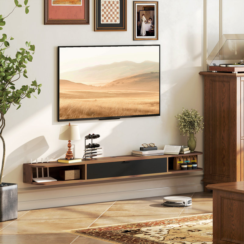 Meuble télé 71 po, console multimédia murale, noyer, H 6,3 po x L 70,9 po x l 9,4 po, Noyer