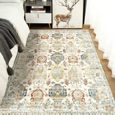 Faux Wool Vintage Area Rug - Distressed Traditional Pattern Indoor Floor Mat for Living Room, Bedroom & Dining Room