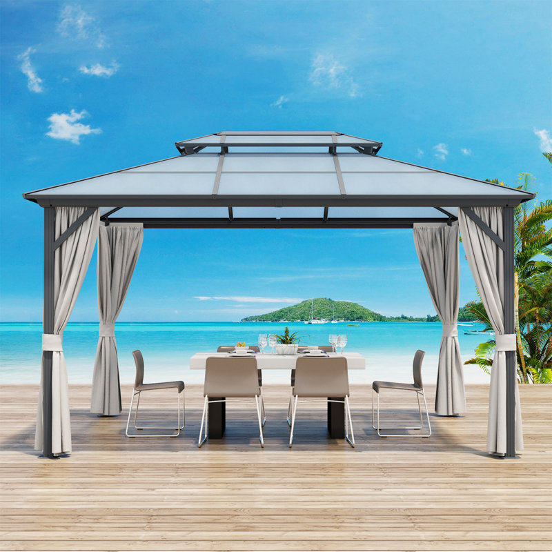 10x13 Ft Outdoor Hardtop Gazebo With Aluminum Frame And Double-layer Polycarbonate Roof, Includes Mosquito Netting And Curtains, Ideal For Courtyard And Terrace