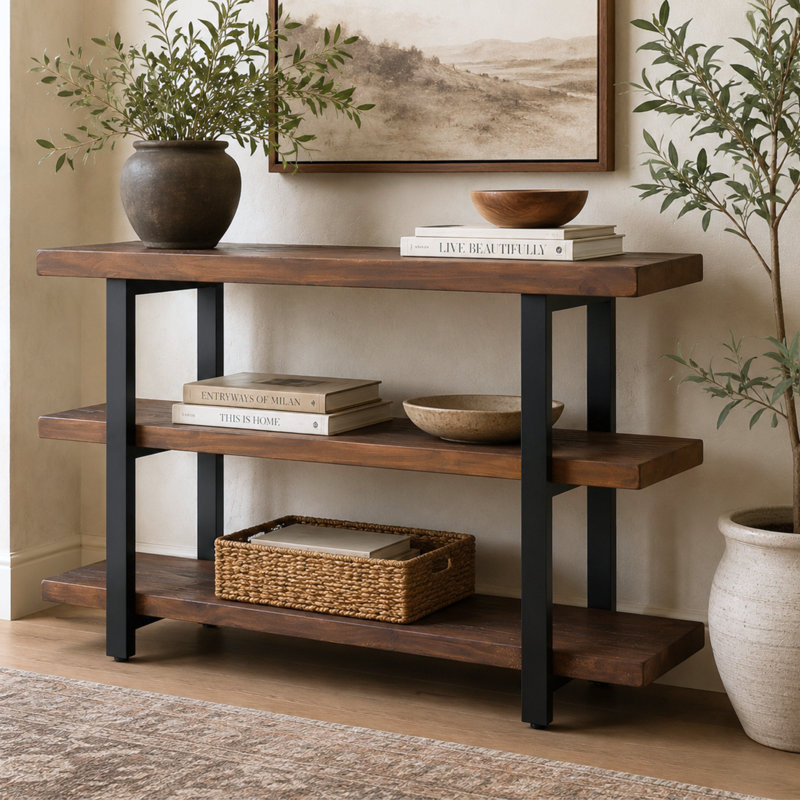 Console média de 48 po avec structure en bois massif et en métal et deux tablettes de style industriel rustique Rundell
