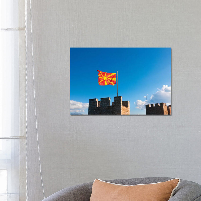 Tsar Samuil's Fortress With National Flag, Ohrid, Republic Of Macedonia by Keren Su - Wrapped Canvas Print