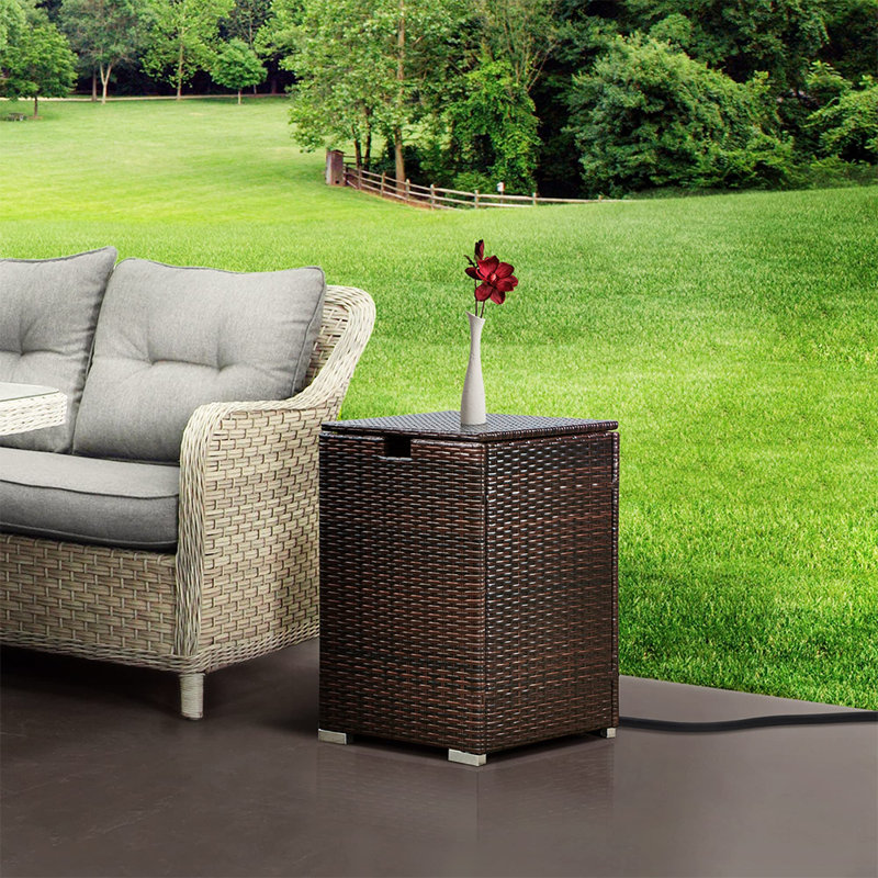 Brown Wicker Gas Fire Pit Tank Cover and Side Table