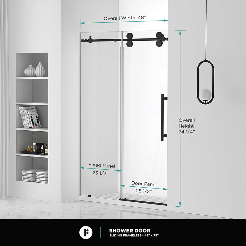 Porte de douche coulissante simple sans cadre l 48 po x H 74,25 po, Noir
