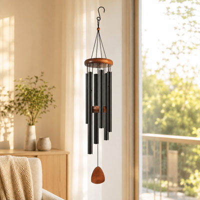 Carillon d'extérieur 37 po en aluminium noir, accents de bois de pin