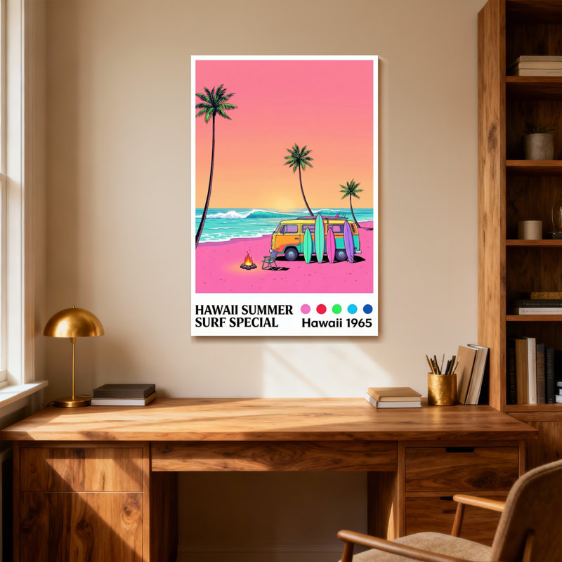 Paysage et nature, ciel rose, palmiers, planches de surf, feu de plage, H 18 po x l 12 po