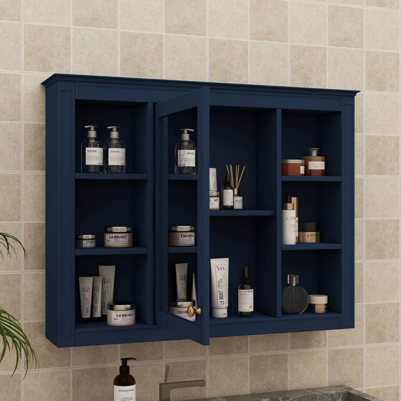 35'' X 27.5'' Medicine Cabinet, Wall-Hanging Bathroom Storage With Mirror, Modern Unit With 6 Open Shelves, Blue