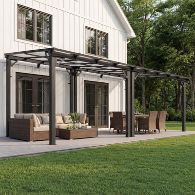 Wall-Mounted Aluminum Pergola, Modern Hardtop Gazebo with UV-Protected Polycarbonate Roof