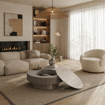 Table basse 31,5 "ronde avec rangement Table d'appoint moderne en placage de bois massif