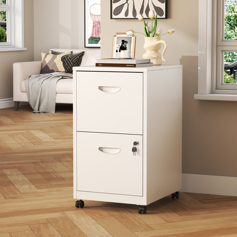 2 Drawer Rolling File Cabinet on Wheels, White Mobile Two Drawer Filing Cabinet with Lock, Small Files Cabinets for Under Desk, Metal Filing Cabinets for Letter Size Folders