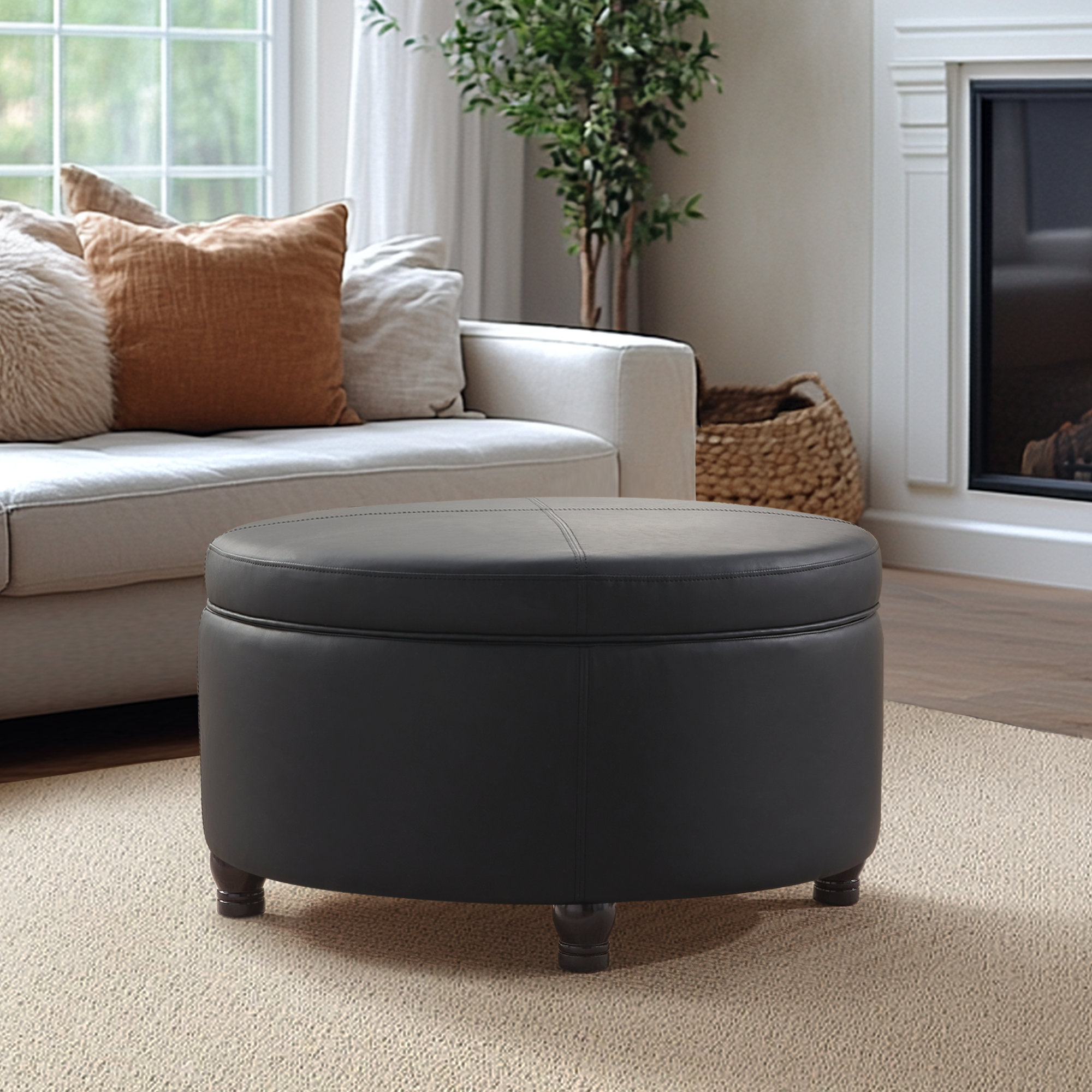 Charlton Home Duanys Faux Leather Upholstered Round Storage Ottoman ...