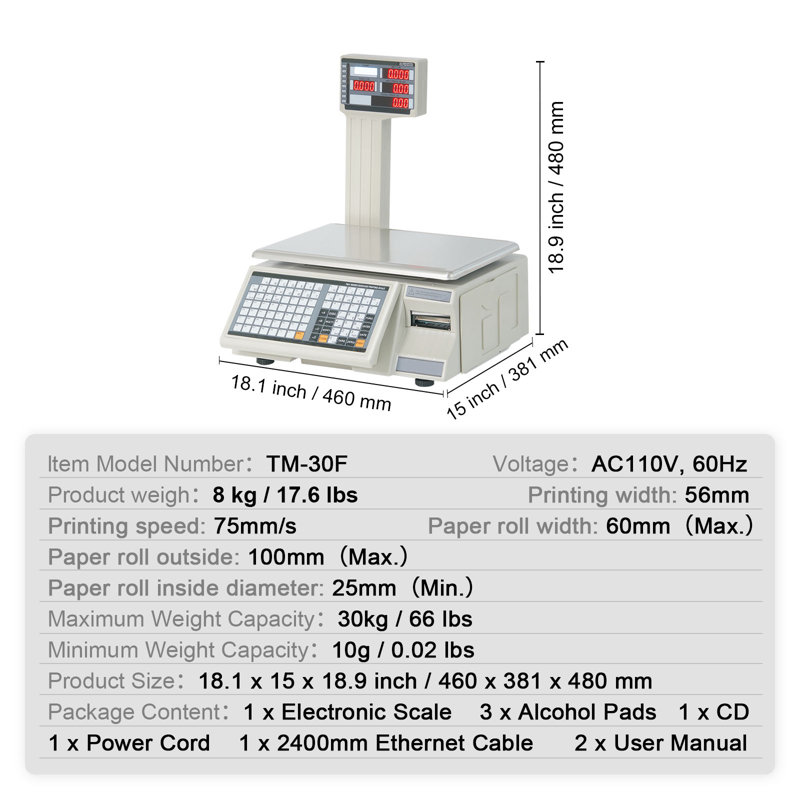 Balance électronique de calcul des prix, balance numérique de 30 kg pour charcuterie, affichage ACL et DEL, pour le comptage des aliments, fruits, viande et produits frais, idéale pour la cuisine, la restauration, les marchés et les exploitations agricoles.