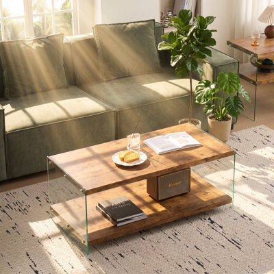 Table basse en verre trempé noyer 43,3 po x P 21,6 po x H 17,7 po