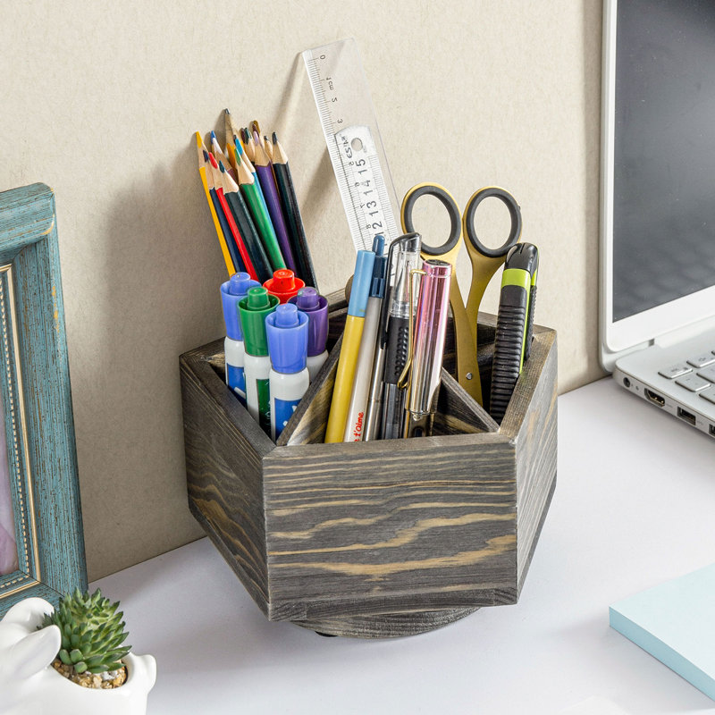 Solid Wood 5 Compartment Pen Holder
