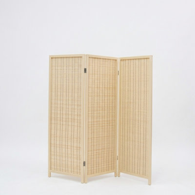 3 Panel Folding Room Divider, Freestanding Privacy Screen with Beige Fabric and Bamboo Frame