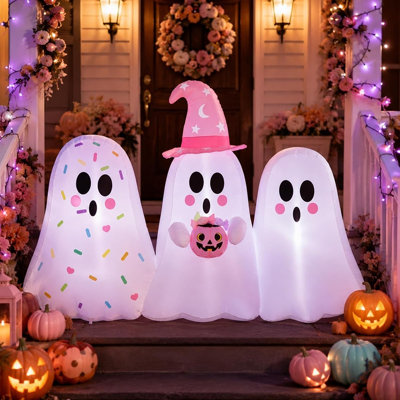 Cute Pink & White Ghost Halloween Inflatable with Built-In LED Lights, Pastel Blow-Up Yard Decoration for Garden, Lawn, Porch and Halloween Parties