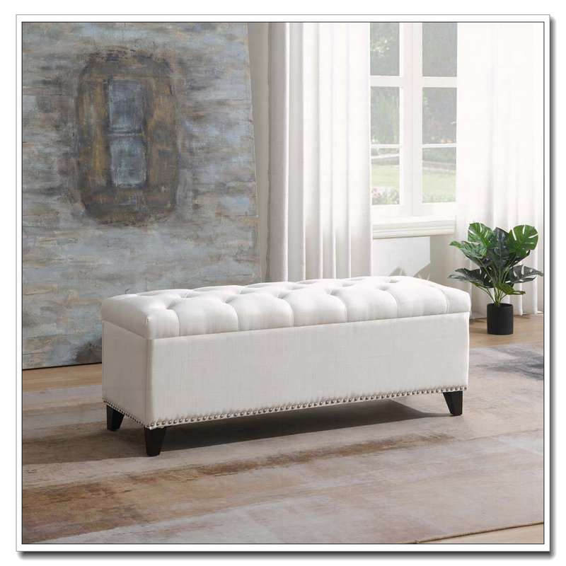 Banc de rangement en lin capitonné, Beige